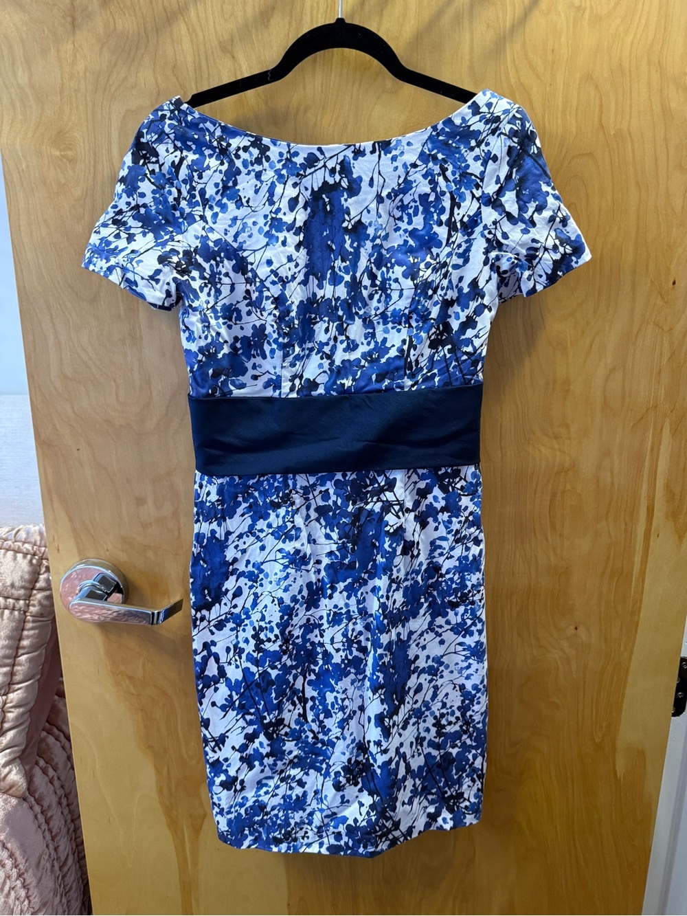 Theia Blue and Black Floral-Print Midi Dress